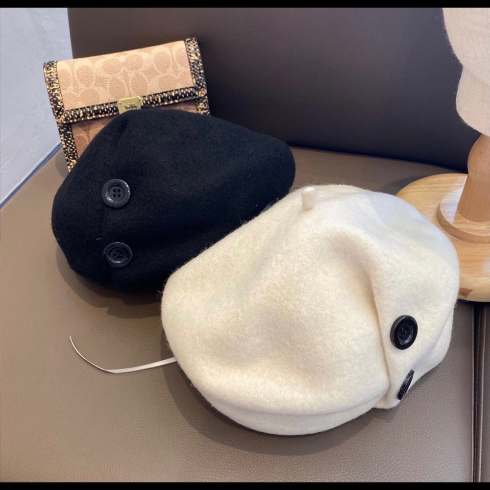 New Cream color beautiful wool blend button beret painters hat - Picture 2 of 8